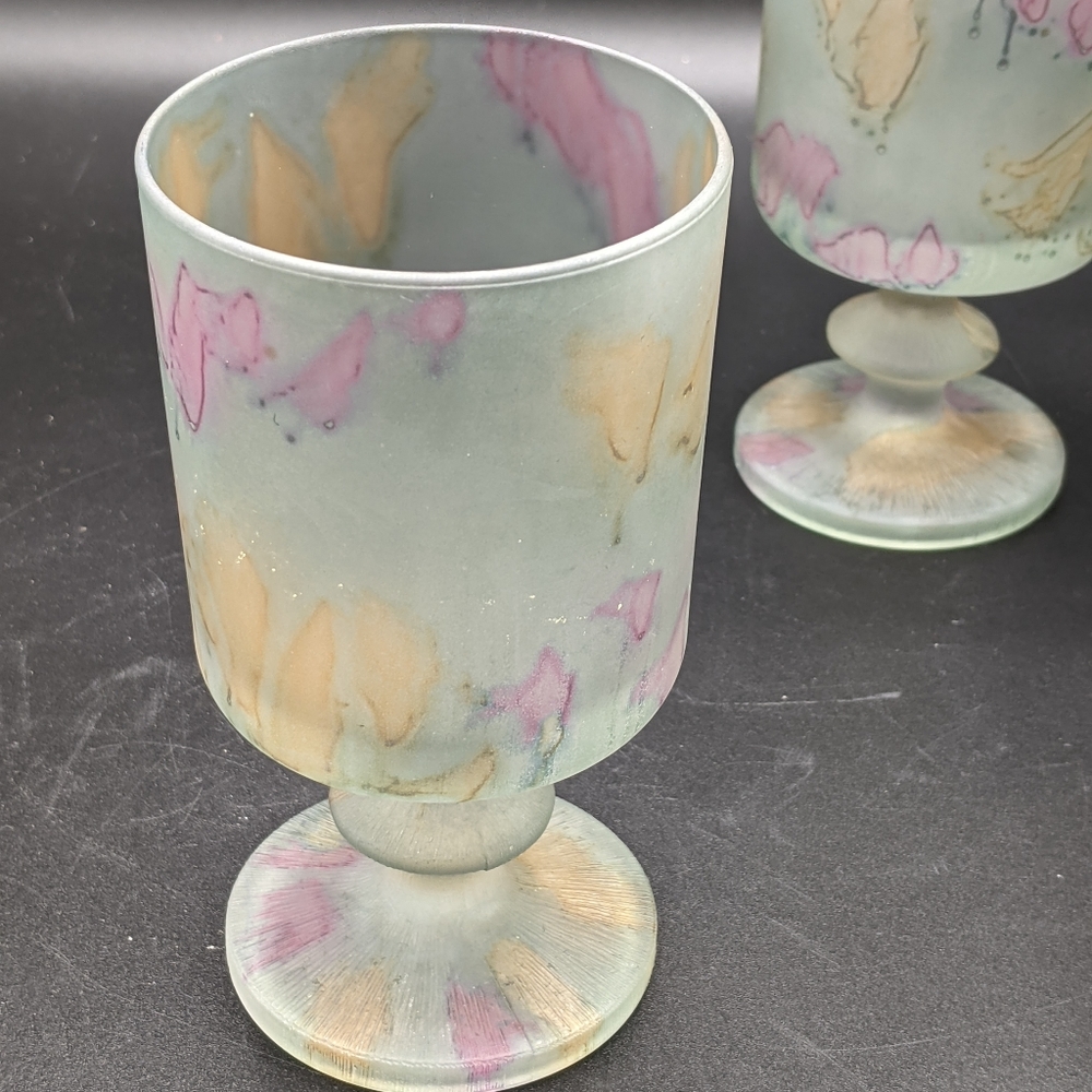 Watercolor Satin Glass Goblets Set From Israel - Picture 2 of 10